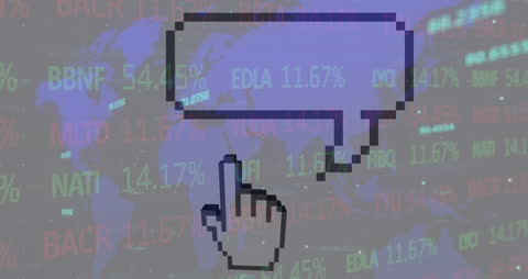 Digital stock market data overlaying global map with cursor