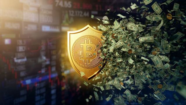 Golden bitcoin shield protecting crypto wealth while scattering us dollars and coins