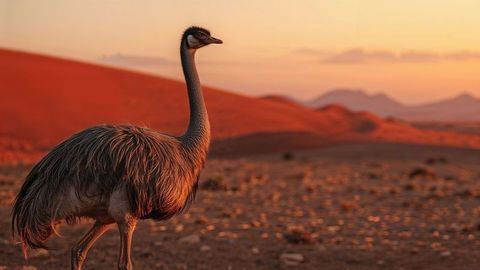 Solitary emu observing desert dunes at sunset