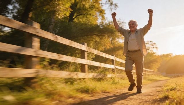 Elderly man jogging and raising arms on golden sunlit country trail beside wooden fence