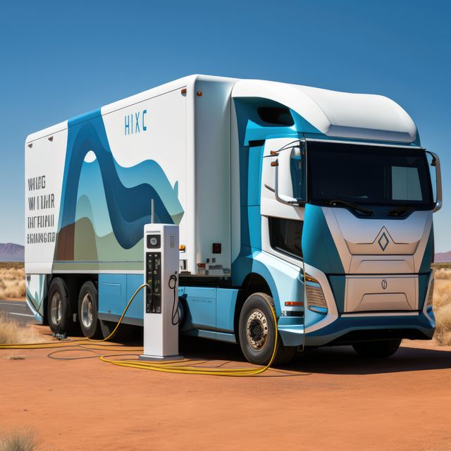 Electric semi truck charging at a station in a desert landscape. Ideal for illustrating advances in sustainable transportation, logistics, and renewable energy solutions. Valuable for use in sustainability campaigns, transportation industry publications, and energy technology promotions.