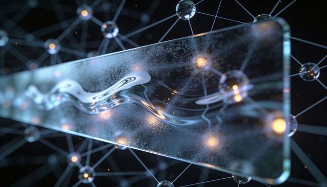 Futuristic glass panel with silvery fluid ribbon and glowing node network for ai concept
