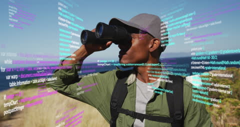 Explorer Viewing Horizon with Futuristic Data Display