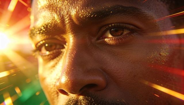 Gazing african american man closeup during golden hour with lens flare and texture