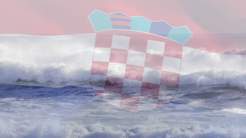 Waving Croatian Flag Overlay on Ocean Waves