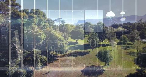 Augmented reality park landscape displaying mature tree canopy, hud overlays on glass
