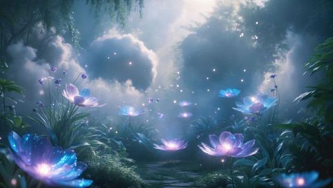 Bioluminescent lotus blooms in enchanted grove, garden of eden concept