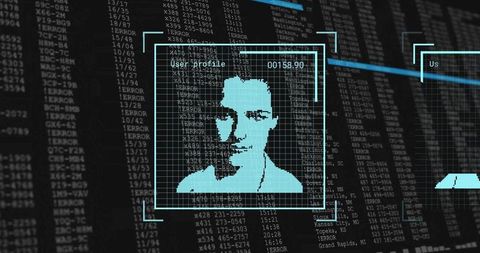 Displaying Cybersecurity Facial Recognition Interface with Pixel Portrait and Data Matrix
