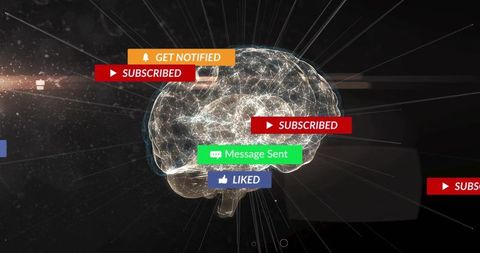 Pulsing translucent brain mesh in virtual space with social media subscribed liked badges
