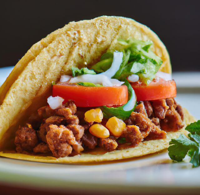 Taco with seasoned beef filling, topped with fresh vegetables including lettuce, sliced tomatoes, corn, and cilantro on a corn tortilla. Perfect for illustrating Mexican cuisine, restaurant menus, food blogs, culinary articles, or promotional materials for a taco Tuesday event.