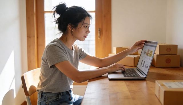 Woman managing small ecommerce business from home packing orders and working on laptop