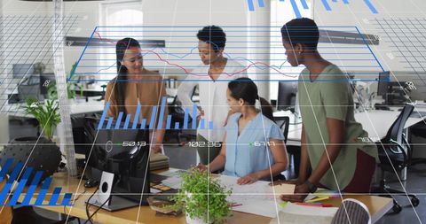 Financial Data Analysis Team Meeting with Digital Graphs Overlay