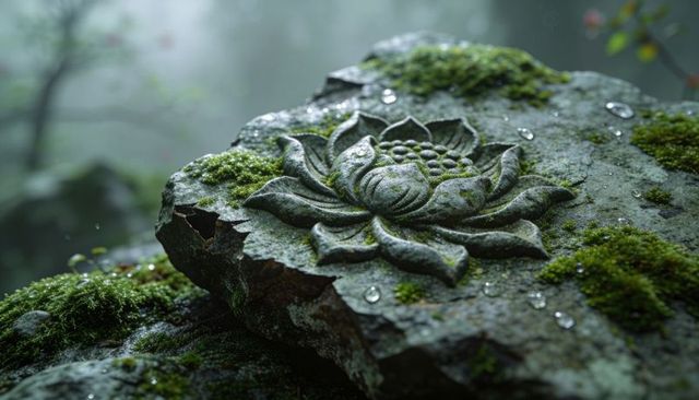 Moss-covered lotus stone carving with dew droplets on shaded forest rock lichen relief
