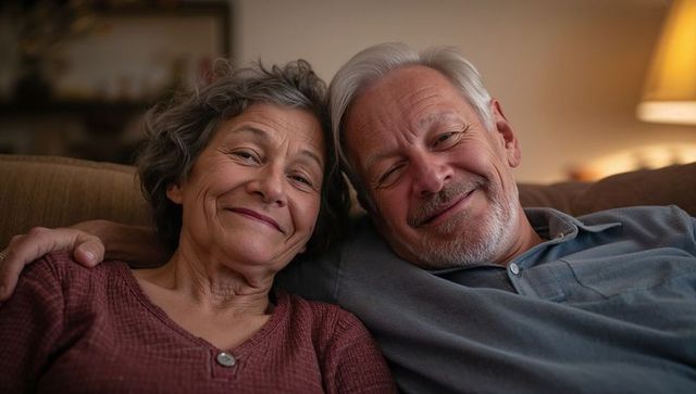 Senior couple smiling on couch at home sharing warm companionship and tender connection