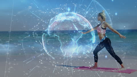 Digital Globe Matrix Over Woman Practicing Yoga on Beach