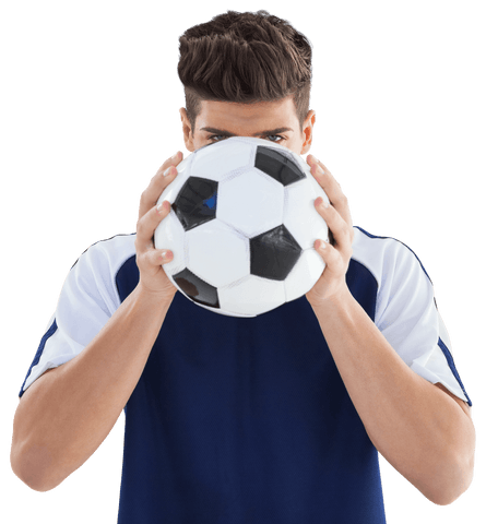 Soccer Player Holding Ball Against Face on Transparent Background