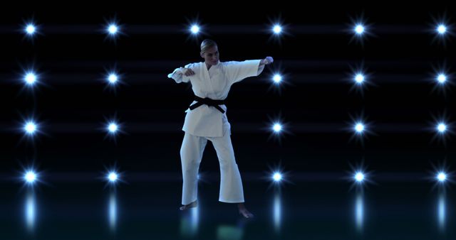 Karate Practitioner Training with Spotlights in Dark Setting - Download Free Stock Images Pikwizard.com