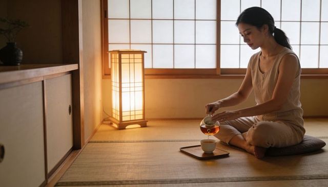 Woman pouring tea on tatami while sitting cross-legged near shoji lamp for calm ritual
