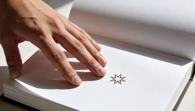Closeup Hand Resting on Open Book with Small Black Eight-Pointed Star on Blank Page