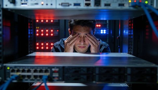 Stressed it technician rubbing eyes inside server rack during late nightshift maintenance