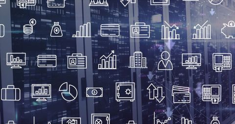 Digital Interface Icons Over Modern Data Server Room - Download Free Stock Images Pikwizard.com