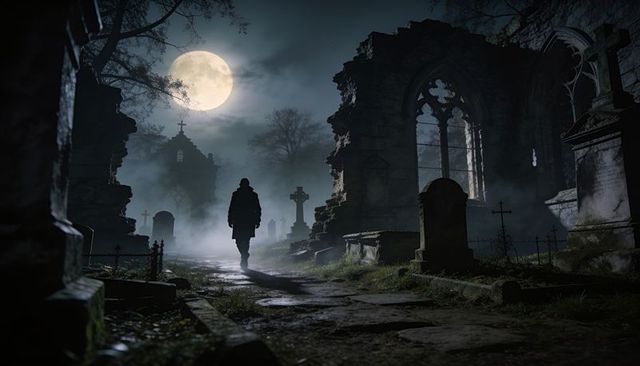 Walking silhouette on moonlit graveyard path beside ruined chapel under full moon and mist