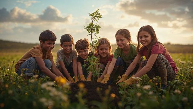 Children united planting sapling in meadow at sunset