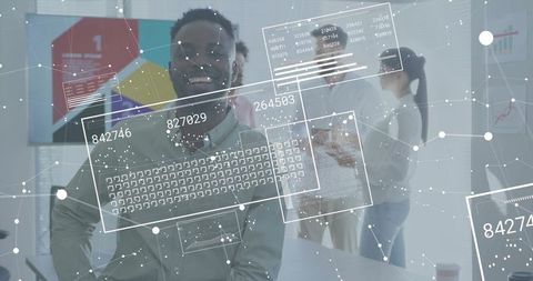 Team analyzing augmented reality data overlays during collaborative office presentation