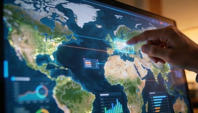 Hand selecting europe on interactive global data dashboard touchscreen monitor