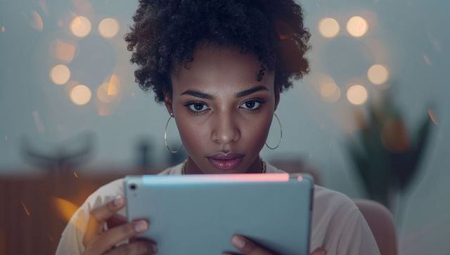 Woman engaging with tablet in softly lit ambience