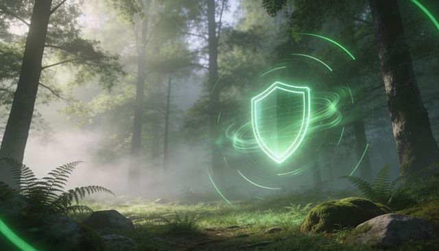 Neon holographic shield floating in misty forest glade with sunlit moss and ferns