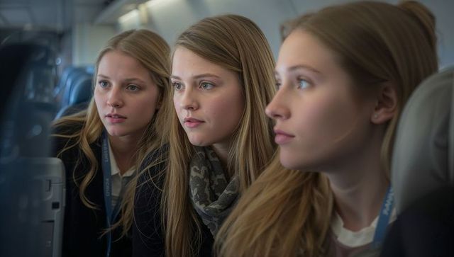 Three teen girls watching in-flight entertainment on airplane cabin, friendship travel