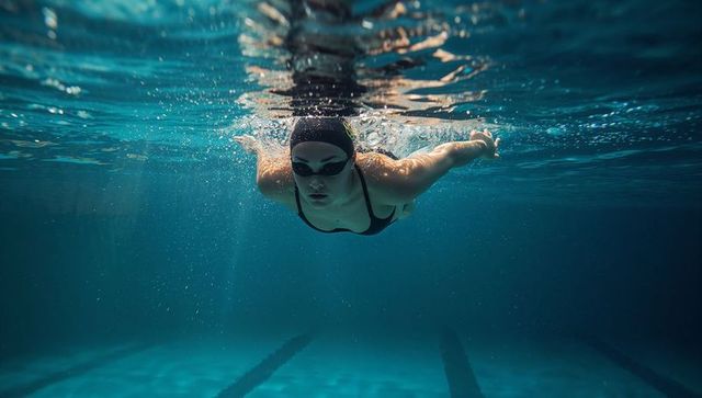 Underwater swimmer gliding in turquoise lap pool wearing goggles and swimsuit, showing lane markings