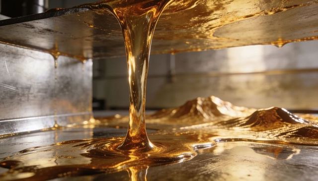 Flowing amber-gold syrup pouring between stainless plates forming glossy molten mounds