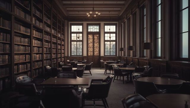 University library reading room with leather chairs, mahogany shelves, soft natural light