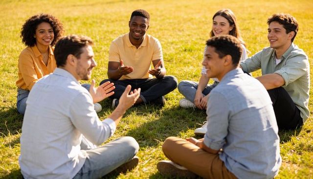 Young adults sitting in circle sharing conversation and laughter on sunny park lawn