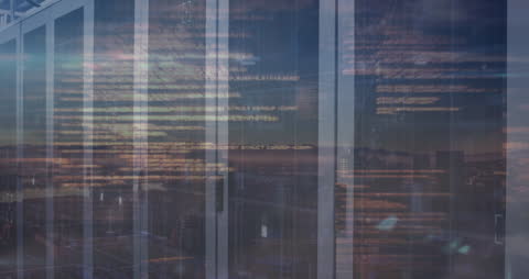 Futuristic Data Streams Overlaying Urban Server Center