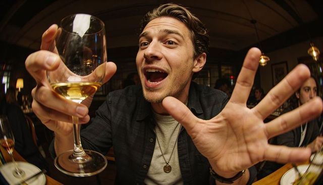 Young man toasting and reaching forward in lively restaurant — fisheye closeup, candid dinner