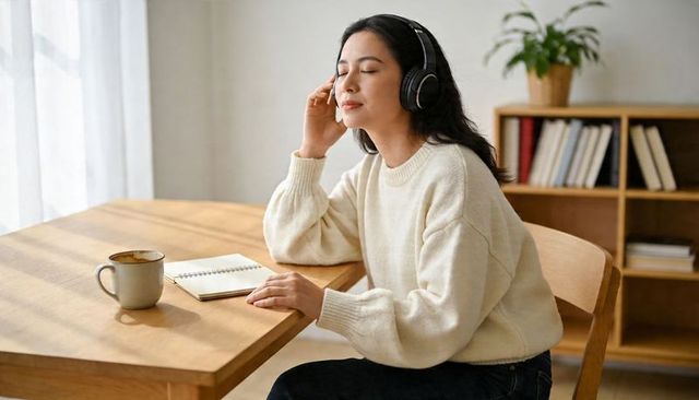Asian woman listening to music with headphones in cozy sunlit home workspace