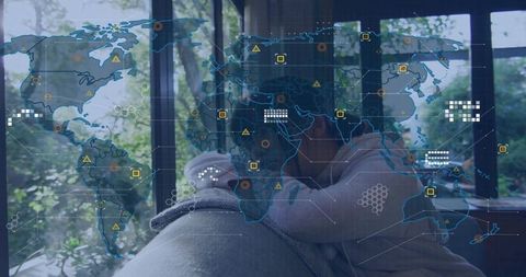 Child leaning on sofa with translucent global data overlay showing network connectivity and isolatio