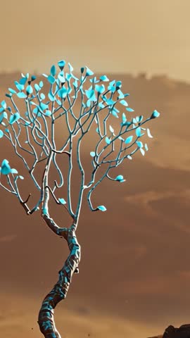 Vertical dollying in on turquoise-leaved tree at desert plateau evoking solitude