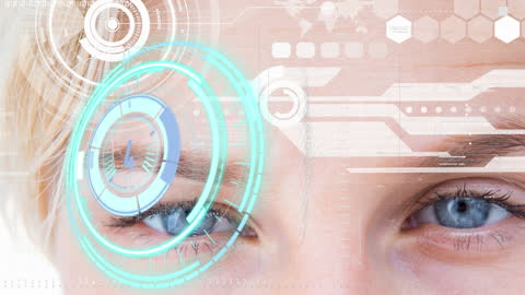 Futuristic Digital Interface Overlaid on Woman's Eyes