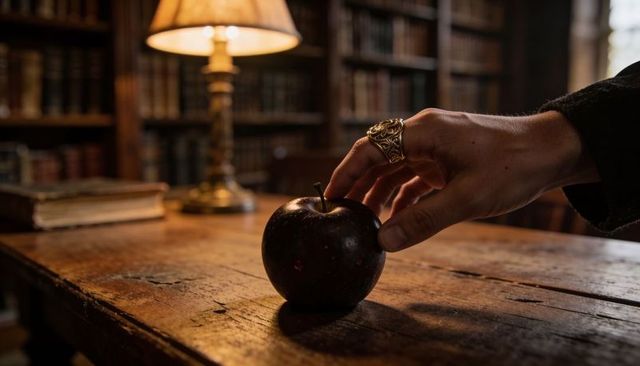 Reaching ornate ringed hand lifting dark red apple on wooden desk under warm lamp glow