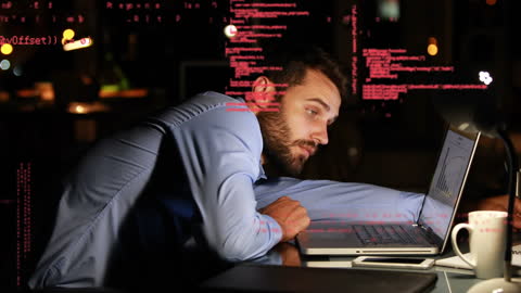 Tired Businessman Sleeping at Laptop with Data Overlay Illustrations