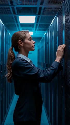 Female IT engineer inspecting server rack in blue-lit datacenter aisle vertical video