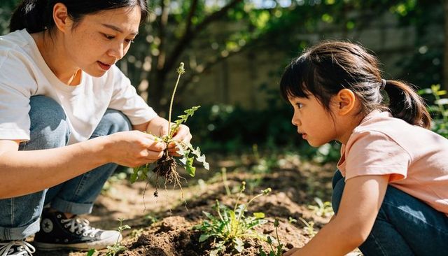 Parent teaching child gardening while inspecting uprooted plant with exposed roots in backyard