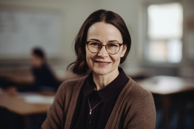 Photo showing female teacher smiling in a classroom with students in the blurred background. Ideal for educational websites, school brochures, teaching blogs, or academic presentations to depict friendly and professional teaching environments.