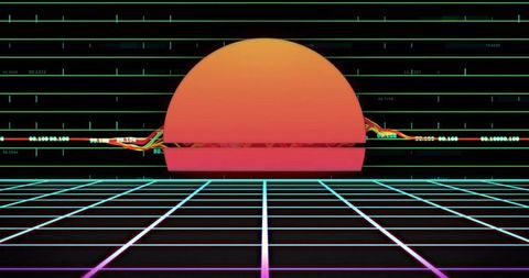 Futuristic synthwave horizon with neon grid and half-sun aesthetic