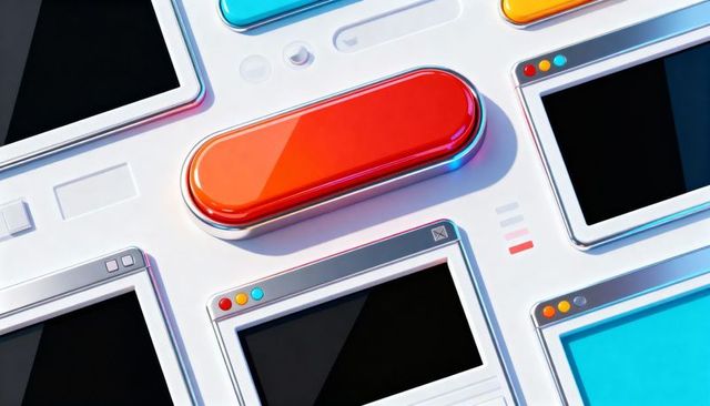 Floating glossy red capsule button among chrome browser windows, 3d ui control mockup