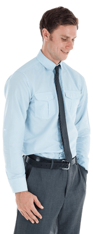 Smiling Businessman in Blue Shirt with Hand in Pocket Transparent Background